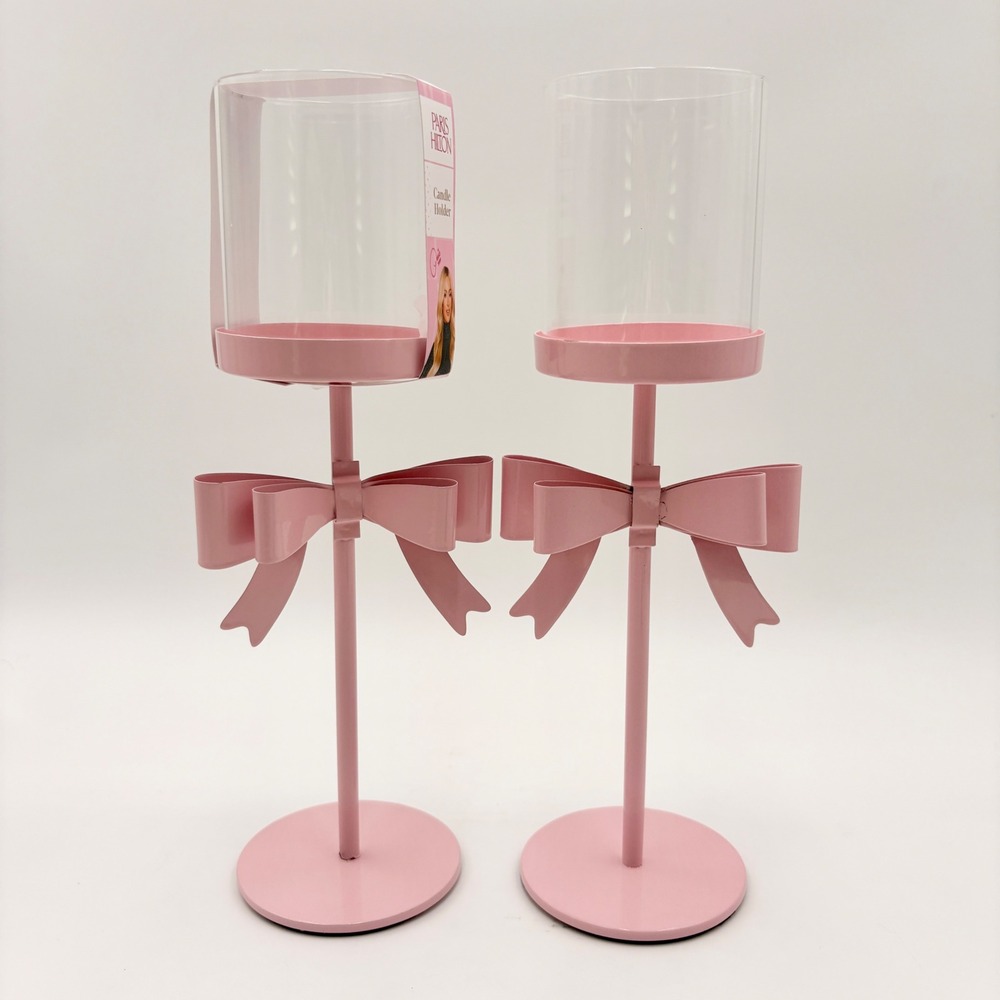Paris Hilton Pink Bow Candle Holders Set of 2 Glass Hurricane Pedestal 12.5 in
